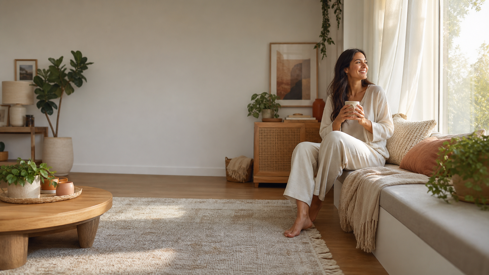An employee relaxing at home with a cup of tea, at ease.