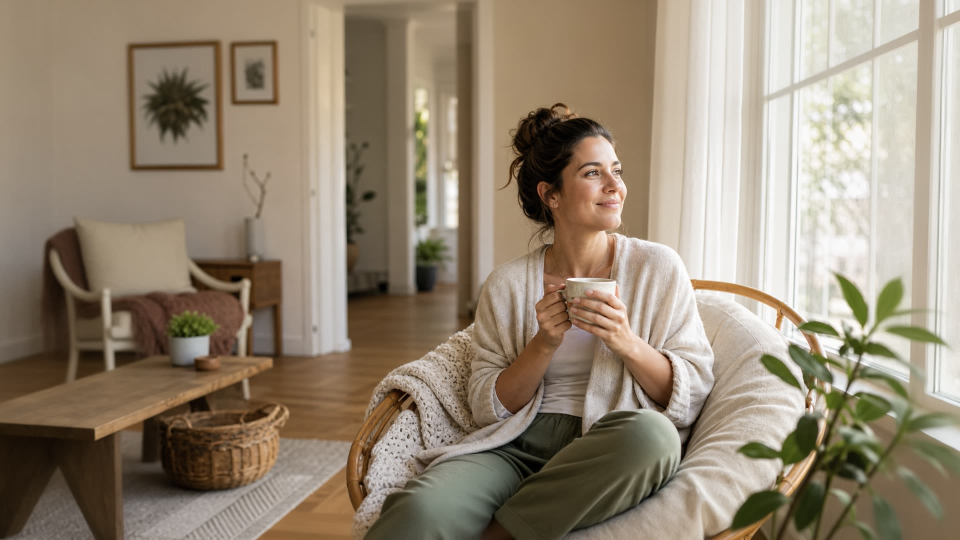 A Sukhi member relaxing at home with a cup of tea, looking out the window.