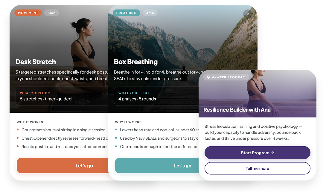 Sukhi program cards — Desk Stretch, Box Breathing, and a 4-week Resilience Builder with Ana.