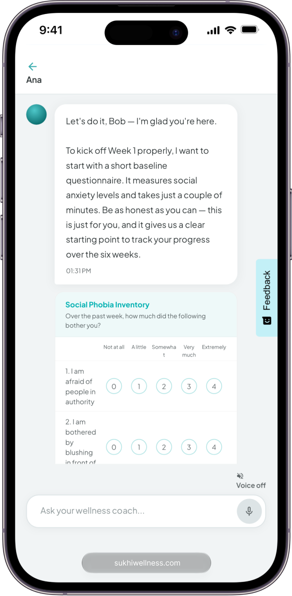 A real conversation with Ana, Sukhi's AI wellness coach, on mobile.