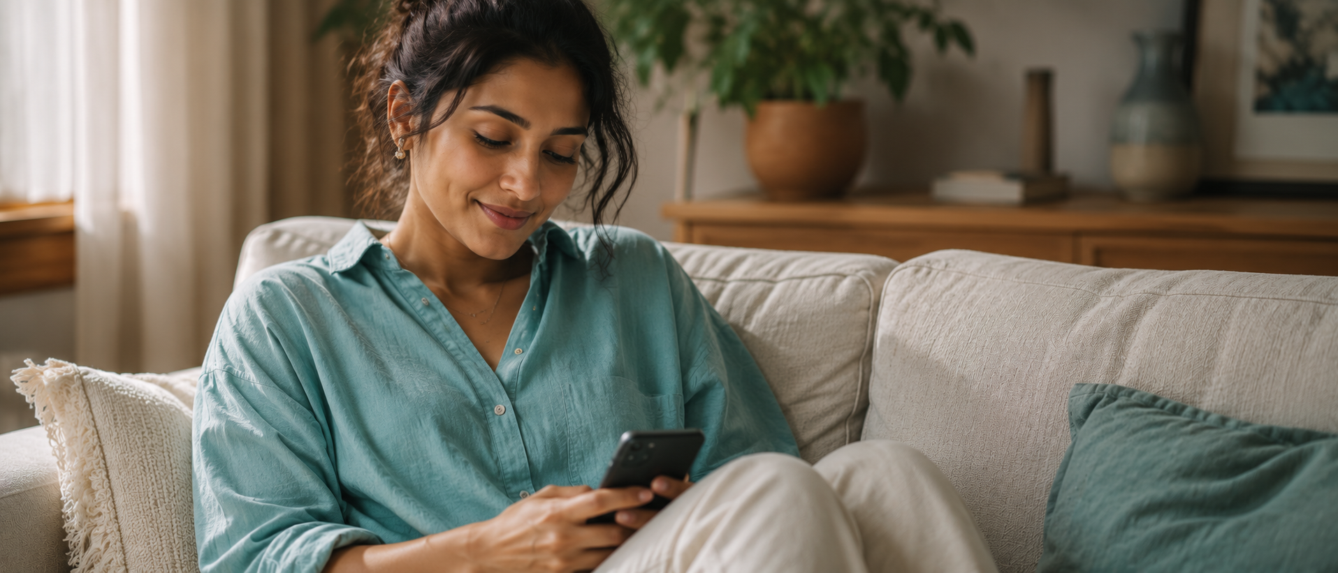A member relaxing at home, checking her phone.